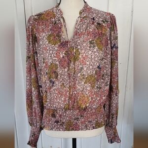 Joie Floral Peasant Boho Smocked Chiffon Blouson Sleeve Blouse